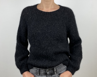 Hand Knit Alpaca Merino Wool Jumper, Soft Lightweight Black Sweater