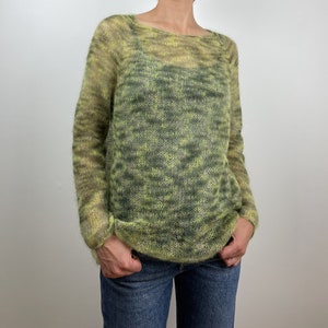Hand knitted baby alpaca mohair jumper, see through oversized featherweight sweater, spotted green transparent pullover, S/M