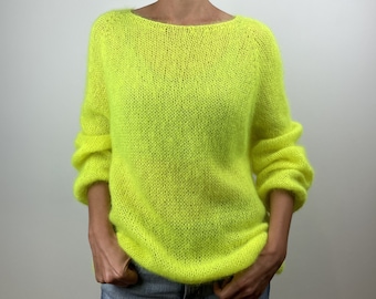 Hand knitted kid mohair and merino wool neon yellow green jumper, warm and soft oversized  sweater, acid lime pullover. S/M