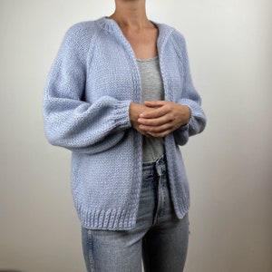 Handgestrickte Baby Alpaka Wolle kurze Strickjacke, XS / S, hellblau, weich und warm Ballon Ärmel nahtlose Strickjacke