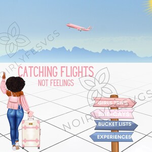 May include: A woman with curly black hair is waving goodbye at the airport. She is wearing a pink top, blue jeans, and a pink backpack. She is pulling a pink and white suitcase behind her. A signpost with arrows points to "Girls Trips", "Bae-Cays", "Bucket Lists", and "Experiences".