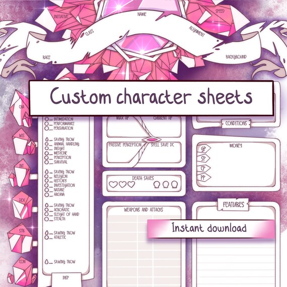 Printable Crystal Character Sheet rpg/ DND/ TTRPG Etsy Australia