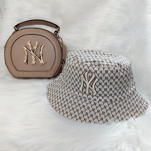 NY New York city Handbag apricot golden NY round shoulder purse bag With NY sun cap Ny bucket set (apricot)