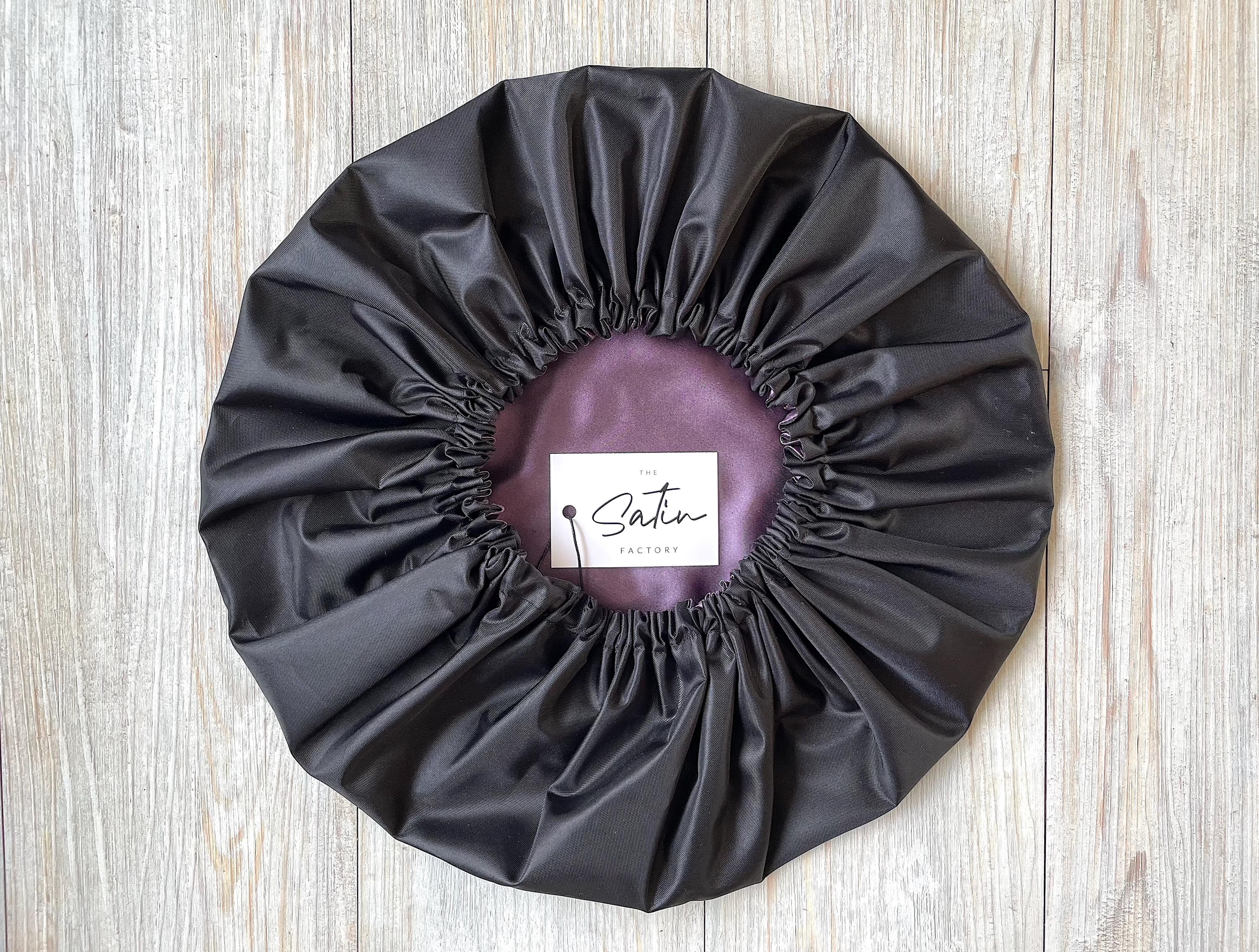Satin Lined Waterproof Shower Cap, Black / Purple.