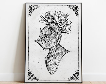 Pode incluir: Impressão emoldurada em preto e branco com uma ilustração detalhada de um capacete de cavaleiro em perfil. O capacete tem o número 13 na lateral. A obra de arte é emoldurada com uma borda preta e elementos decorativos nos cantos.