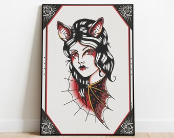 Bat Girl- Old School Traditional Tattoo Flash - Art Print - A4