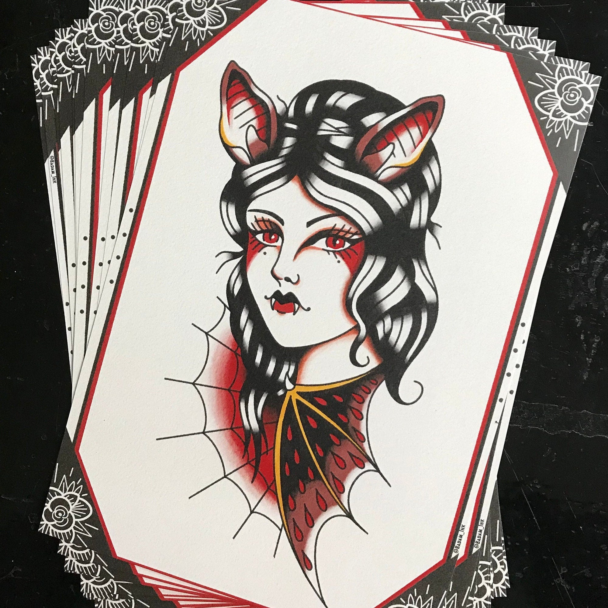 Bat Girl- Old School Traditional Tattoo Flash - Art Print - A4 - Etsy UK