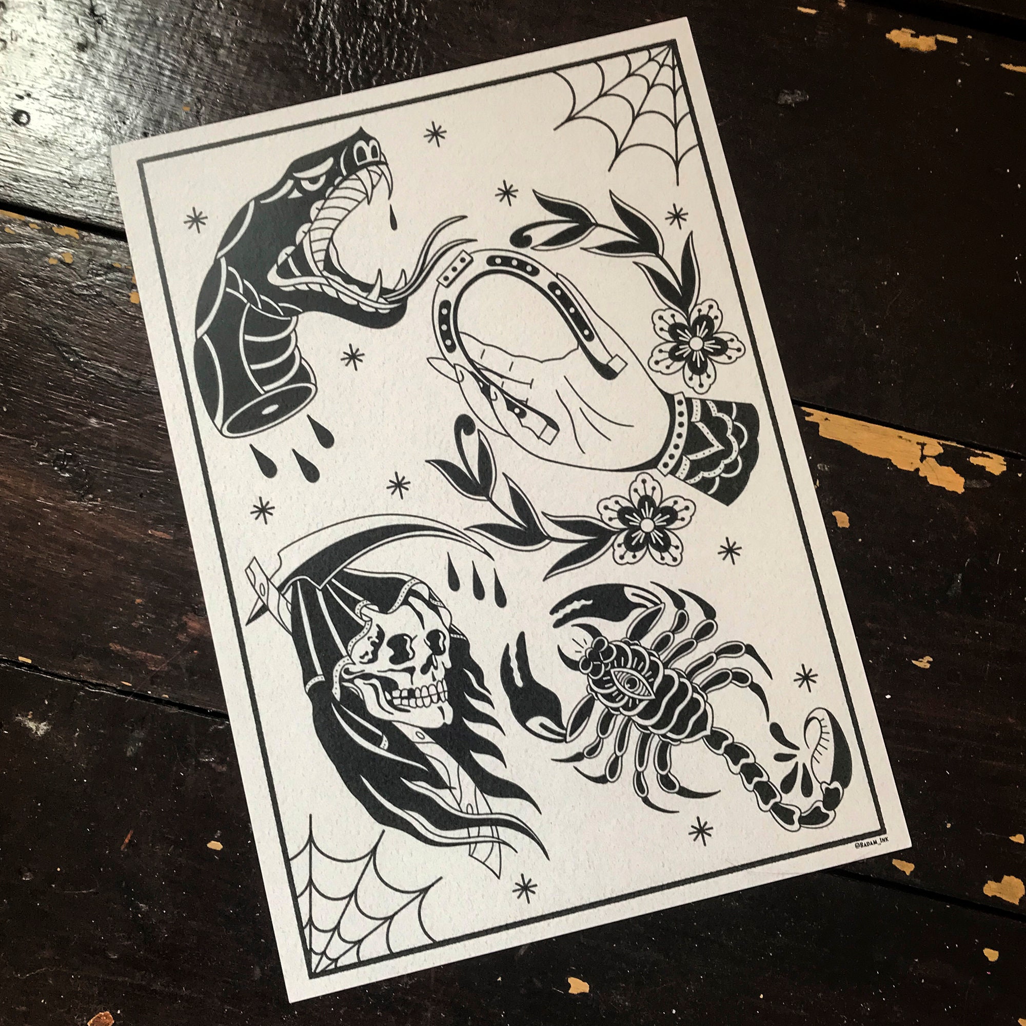 Traditional Tattoo Blackwork Flash Sheet - Art Print - A4 - Etsy UK