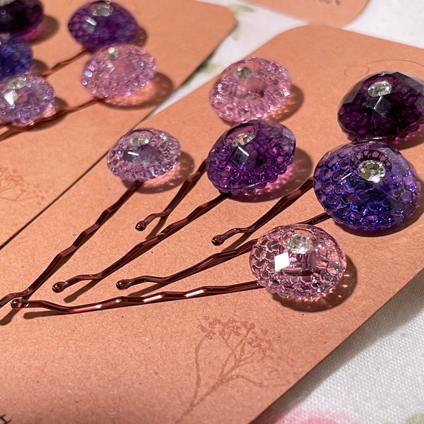 Purple love assorted acrylic crystal button Bobby pins