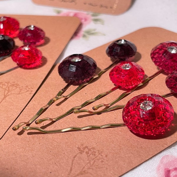 Red assorted acrylic crystal candy button bobby pins