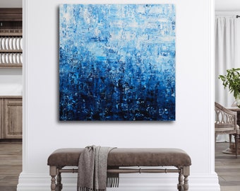 Pittura acrilica astratta Blues oceanico opera d'arte originale pronta per essere appesa grande dipinto decorativo blu strutturato dipinto a mano