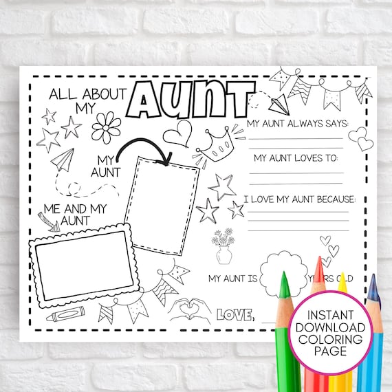 All About My Aunt, Gift For Auntie Coloring Page, Printable Birthday Craft Idea, Bonus Mom Mother's Day Activity, Placemat Sheet For Kids