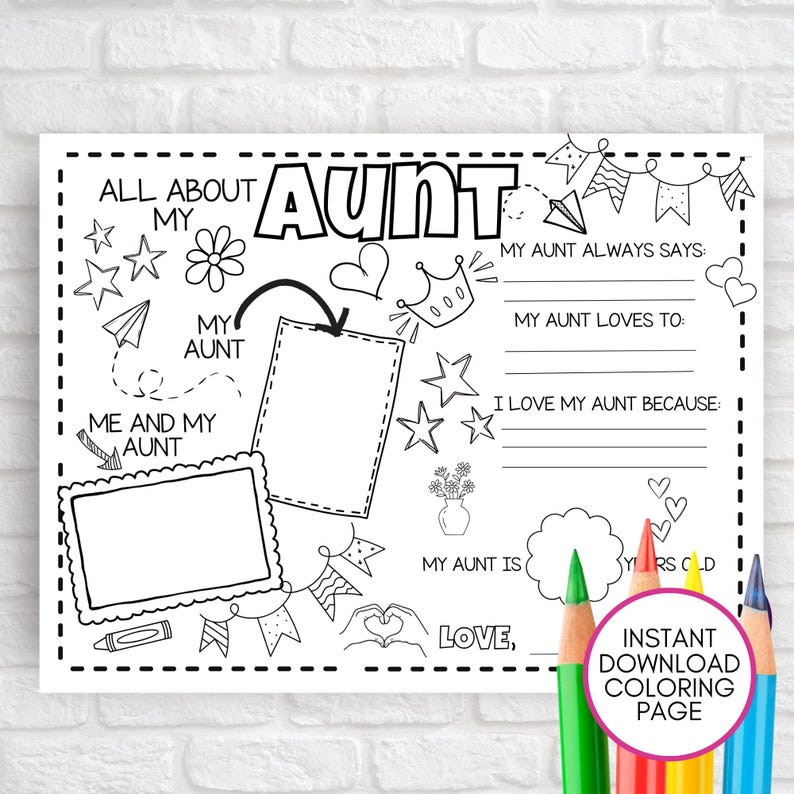 Gift For Aunt Coloring Page, Printable Birthday Craft Idea Gift From Child, Auntie Gift, Breakfast Activity, Placemat Sheet For Kids, All About My Aunt, Gift For Auntie Coloring Page, Printable Birthday Craft Idea, Bonus Mom Mother's Day Activity, Placemat Sheet For Kids