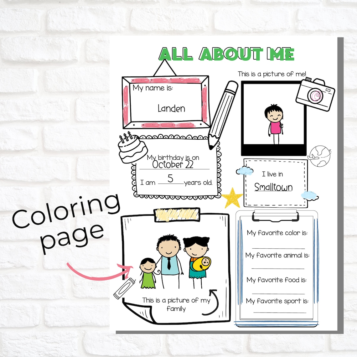 ALL ABOUT ME Sheets for Kids, Printable Activity, Writing Prompt for ...