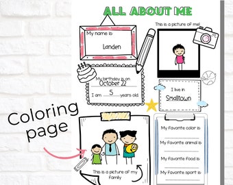 ALL ABOUT ME Sheets For Kids, Printable Activity, Writing Prompt For Kids, Educational Children Page, Printable Sheet For Back To school