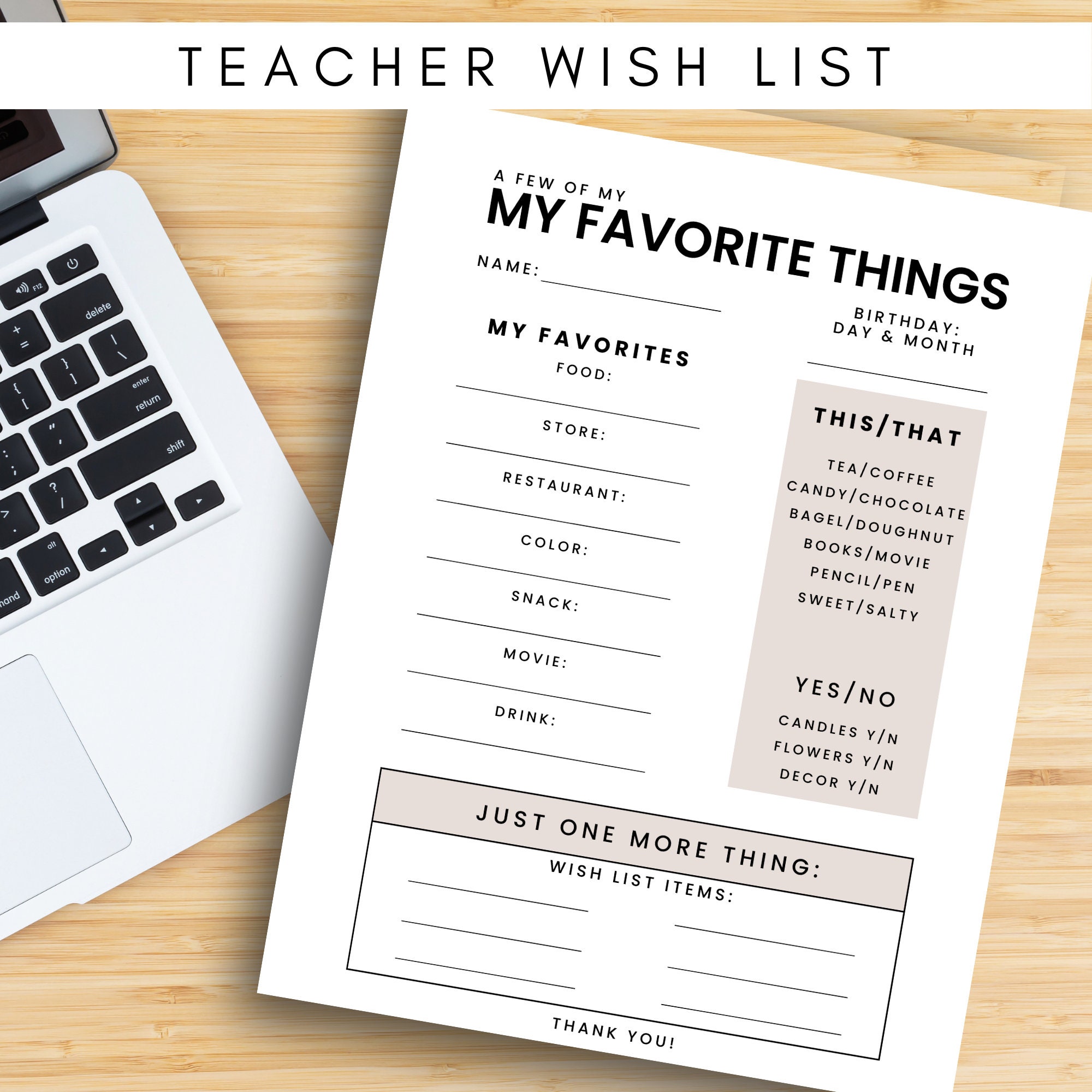 Favorite Things Printable Teacher Favorites Questionnaire Teacher Gift Favorite Things Printable Teacher Favorites Questionnaire Teacher Gift