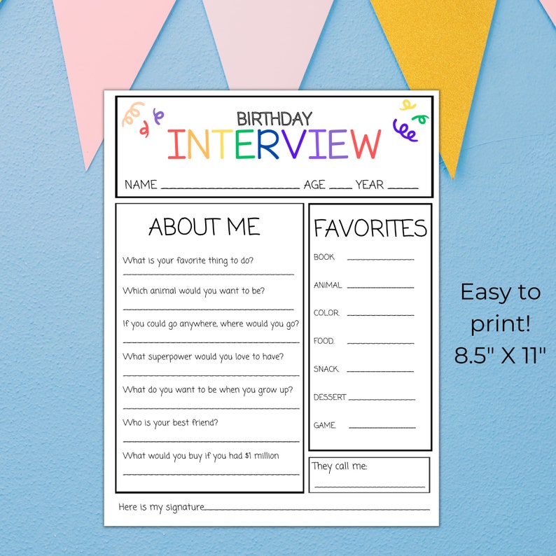 Kid's Birthday Interview Printable for Party Idea, Birthday Tradition ...