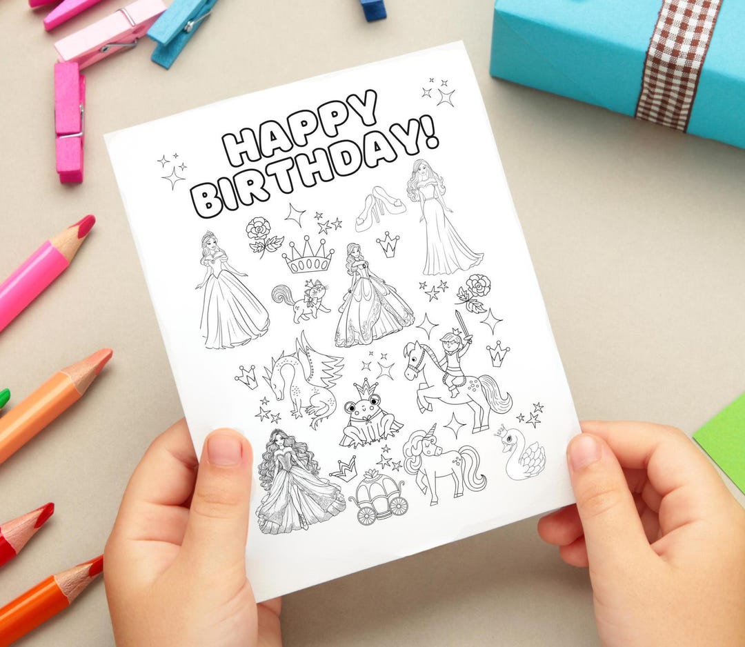 Happy Birthday Card Coloring Page for Girl, Printable Princess Birthday