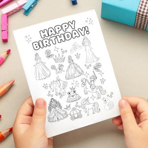 Alles Gute zum Geburtstag Karte Malseite für Mädchen, Printable Prinzessin Geburtstag Geschenk, Instant Download, DIY Vorlage für Karte für Kinder