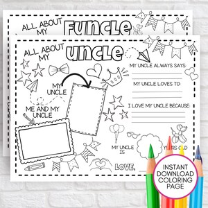 May include: Black and white printable coloring page with the words "Funcle" and "Uncle" in large letters. The page includes fill-in-the-blank sections and decorative elements like stars, hearts, and balloons. The text "Instant Download Coloring Page" is also visible.