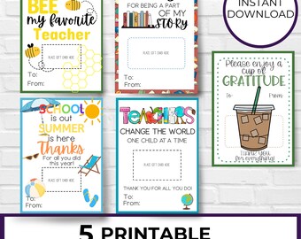 May include: Five printable gift card holders with different designs. The designs include a bee, a stack of books, a cup of coffee, a beach scene, and a globe. Each holder has a space to write "To:" and "From:" and a space to place a gift card.