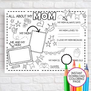 Página para colorear del Día de la Madre, manualidad imprimible para cumpleaños, regalo para niños, muffins para el desayuno de mamá, mantel individual para niños