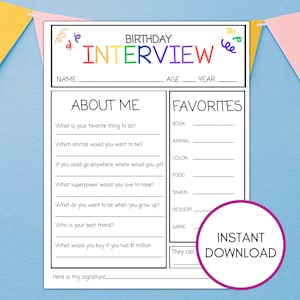 Kid&#39;s Birthday Interview: Yearly Printable Questionnaire (PDF)