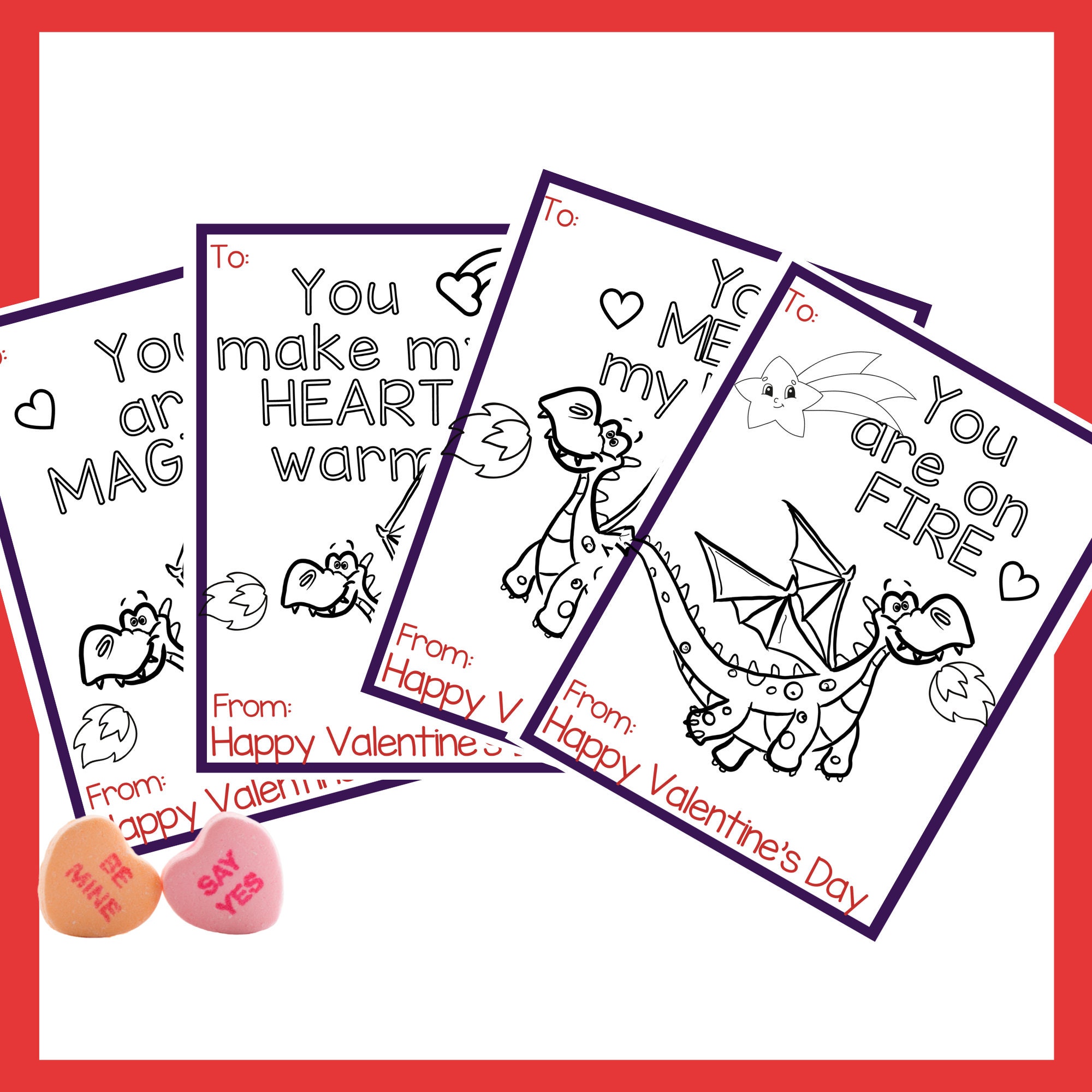 Printable Valentine Card, Dragon Coloring Valentine Card, Set of 4 Kid ...