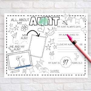 Gift For Aunt Coloring Page, Printable Birthday Craft Idea Gift From Child, Auntie Gift, Breakfast Activity, Placemat Sheet For Kids, All About My Aunt, Gift For Auntie Coloring Page, Printable Birthday Craft Idea, Bonus Mom Mother's Day Activity, Placemat Sheet For Kids