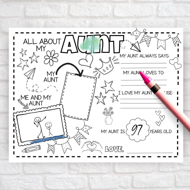 Gift For Aunt Coloring Page, Printable Birthday Craft Idea Gift From Child, Auntie Gift, Breakfast Activity, Placemat Sheet For Kids, All About My Aunt, Gift For Auntie Coloring Page, Printable Birthday Craft Idea, Bonus Mom Mother's Day Activity, Placemat Sheet For Kids