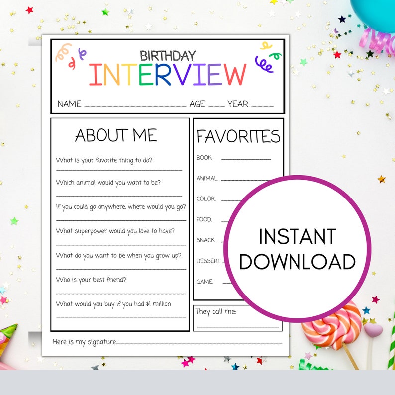 Kid's Birthday Interview Printable for Party Idea, Birthday Tradition ...