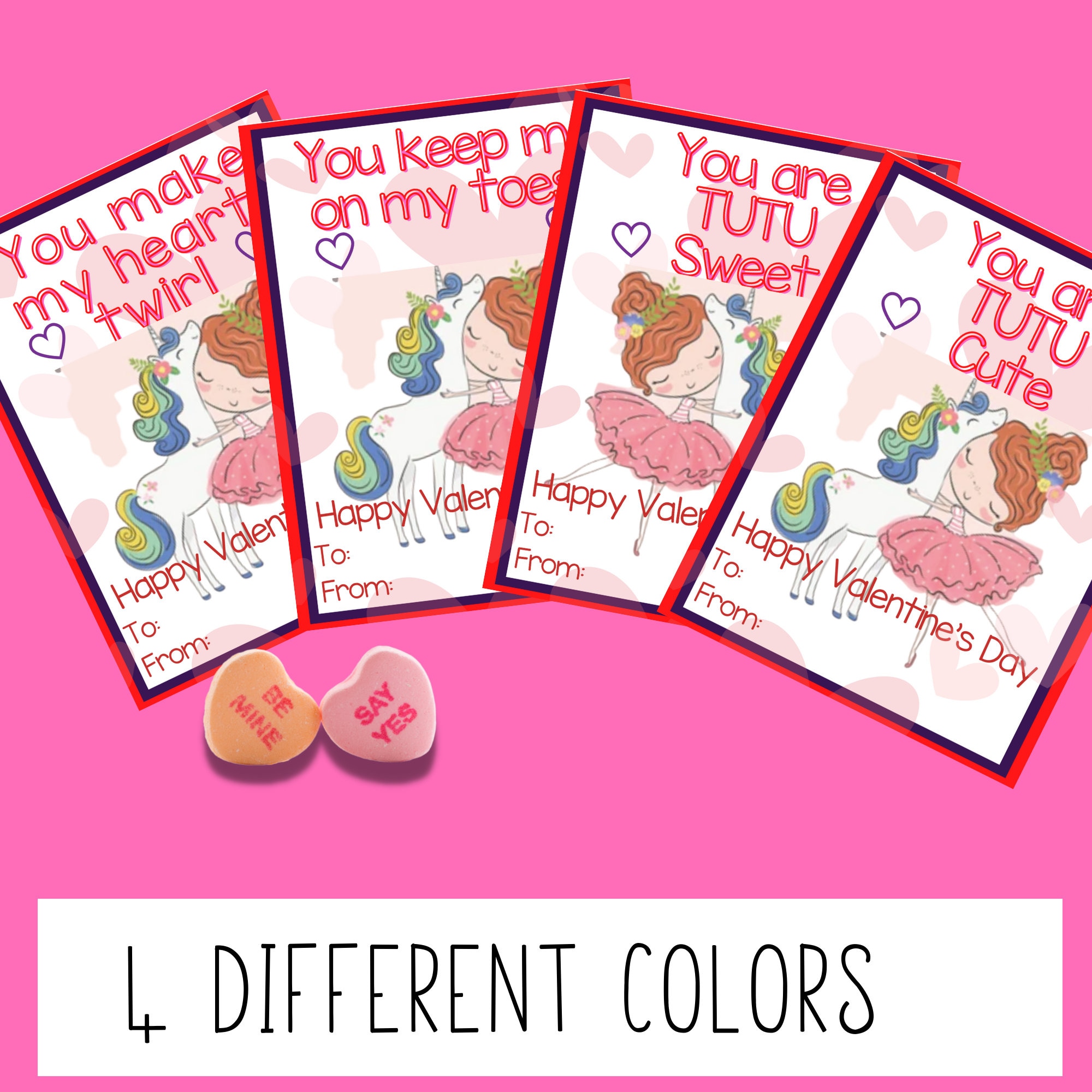 Printable Valentine Cards Printable Ballerina Valentine Card Unicorn Valentine Set Of 4
