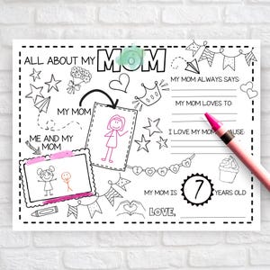 Verjaardagscadeau voor moeder, Moederdag kleurplaat, Afdrukbaar knutselidee van kind, Moederdag activiteit, Placemat-vel voor kinderen