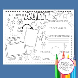 Gift For Aunt Coloring Page, Printable Birthday Craft Idea Gift From Child, Auntie Gift, Breakfast Activity, Placemat Sheet For Kids