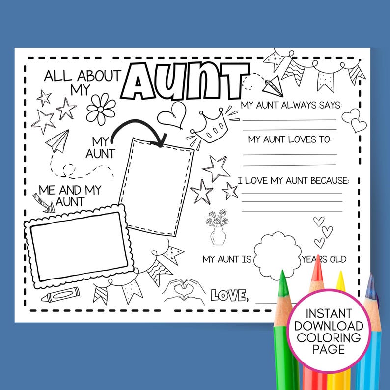 Gift For Aunt Coloring Page, Printable Birthday Craft Idea Gift From Child, Auntie Gift, Breakfast Activity, Placemat Sheet For Kids