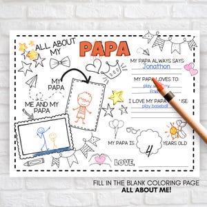All About Papa Printable Activity Sheet For Kids, Happy Birthday Papa Coloring Page, Dad or Grandpa. Craft Idea From Child, Grandparents Day
