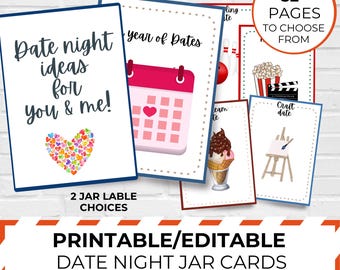 Printable Date Night Jar – DIY Couples Gift, Editable Romantic Coupon Ideas for Him or Her, Bridal Shower, Anniversary for Boyfriend or Wife