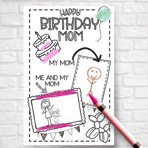 Druckbare Geburtstagskarte für Mama, alles Gute zum Geburtstag Malseite, füllen Sie die Lücke Alles über Mama, DIY Last-Minute-Geschenk für Mama von Kind