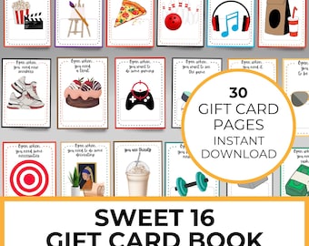 Könnte beinhalten: Ein druckbares Geschenkkartenbuch mit 30 Seiten für einen 16. Geburtstag. Das Buch bietet eine Vielzahl von Geschenkkartenideen, darunter Kinokarten, Pizza, Bowling, Musik, Fast Food, Turnschuhe, Kuchen, Gaming, Sport, Kaffee und Bargeld. Das Buch soll Menschen helfen, Geschenke zu machen, die der Beschenkte wirklich möchte.