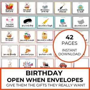 Regalo de cumpleaños para ella, sobre imprimible con tarjeta de regalo abierta, paquete de atención universitaria para hija, hijo, larga distancia, para él, notas desde casa