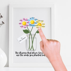 Thank You Teacher Appreciation From Kids, Printable Fingerprint Art, Class Gift, DIY End Of The Year Gift, Flower Teacher Retirement Gift