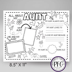 Gift For Aunt Coloring Page, Printable Birthday Craft Idea Gift From Child, Auntie Gift, Breakfast Activity, Placemat Sheet For Kids