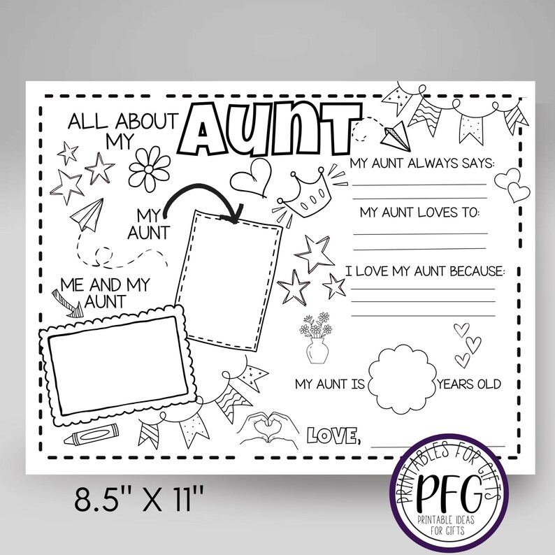 Gift For Aunt Coloring Page, Printable Birthday Craft Idea Gift From Child, Auntie Gift, Breakfast Activity, Placemat Sheet For Kids