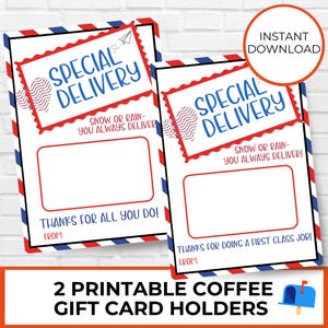Cadeaukaarthouder voor afdrukbaar postpakket, bezorger bedankt, speciale bezorging, postkantoor, lastminute doe-het-zelfcadeau van klant