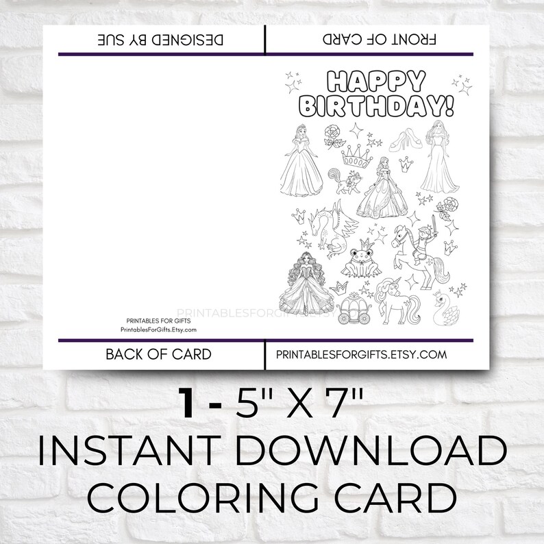 Happy Birthday Card Coloring Page for Girl, Printable Princess Birthday