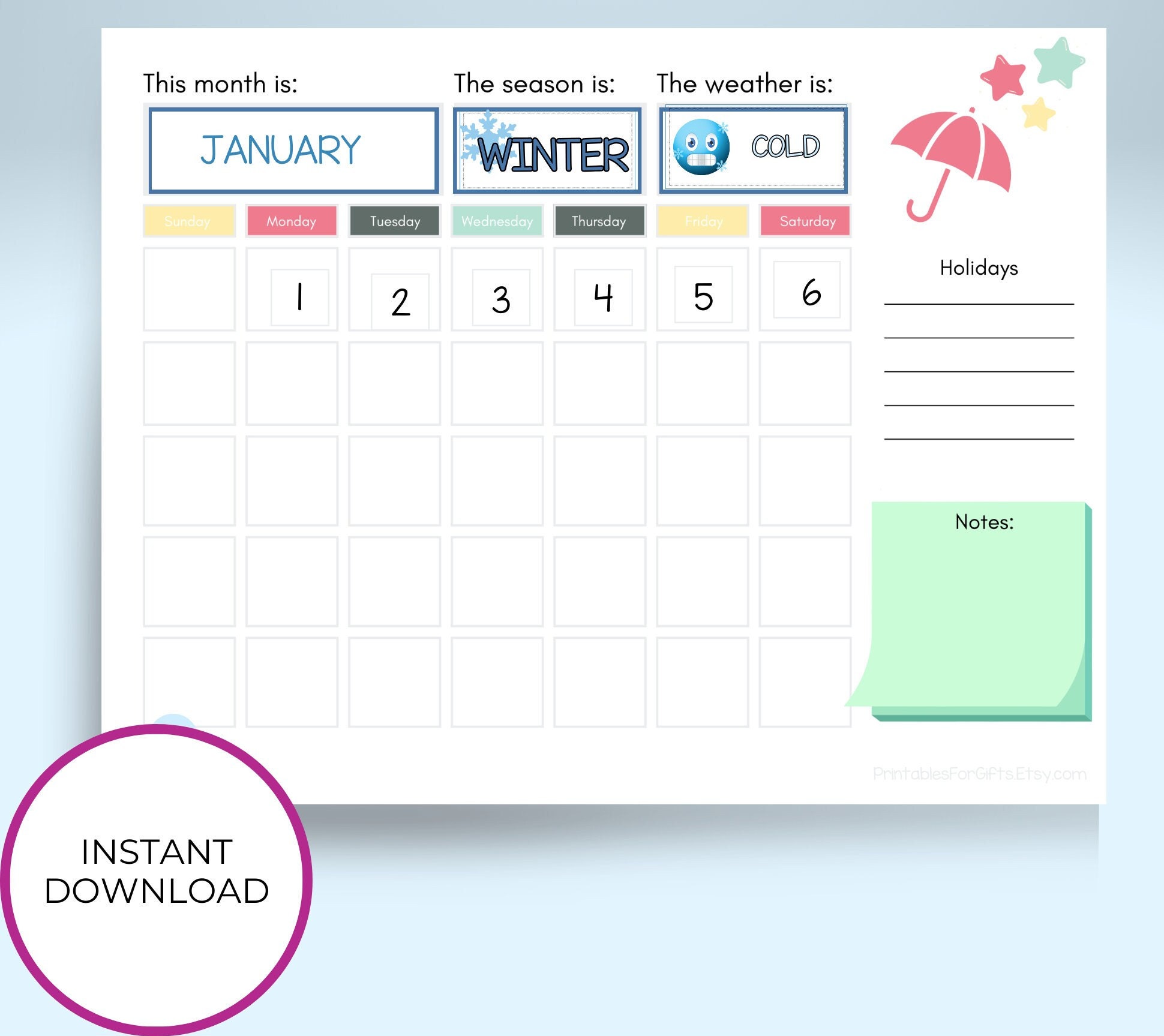Circle Time Calendar Printable Classroom Calendar Preschool - Etsy