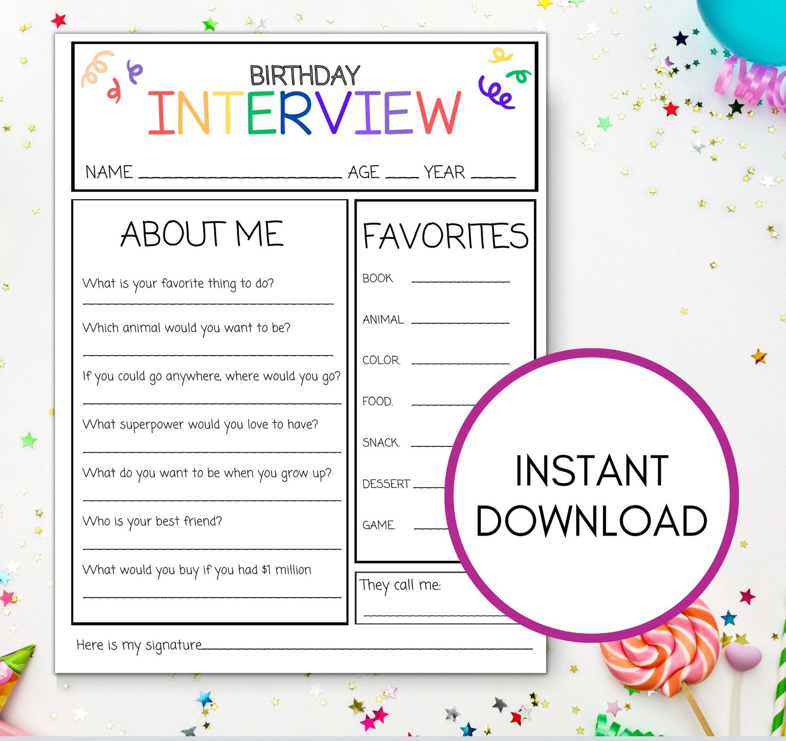 Kid's Birthday Interview Printable for Party Idea, Birthday Tradition ...