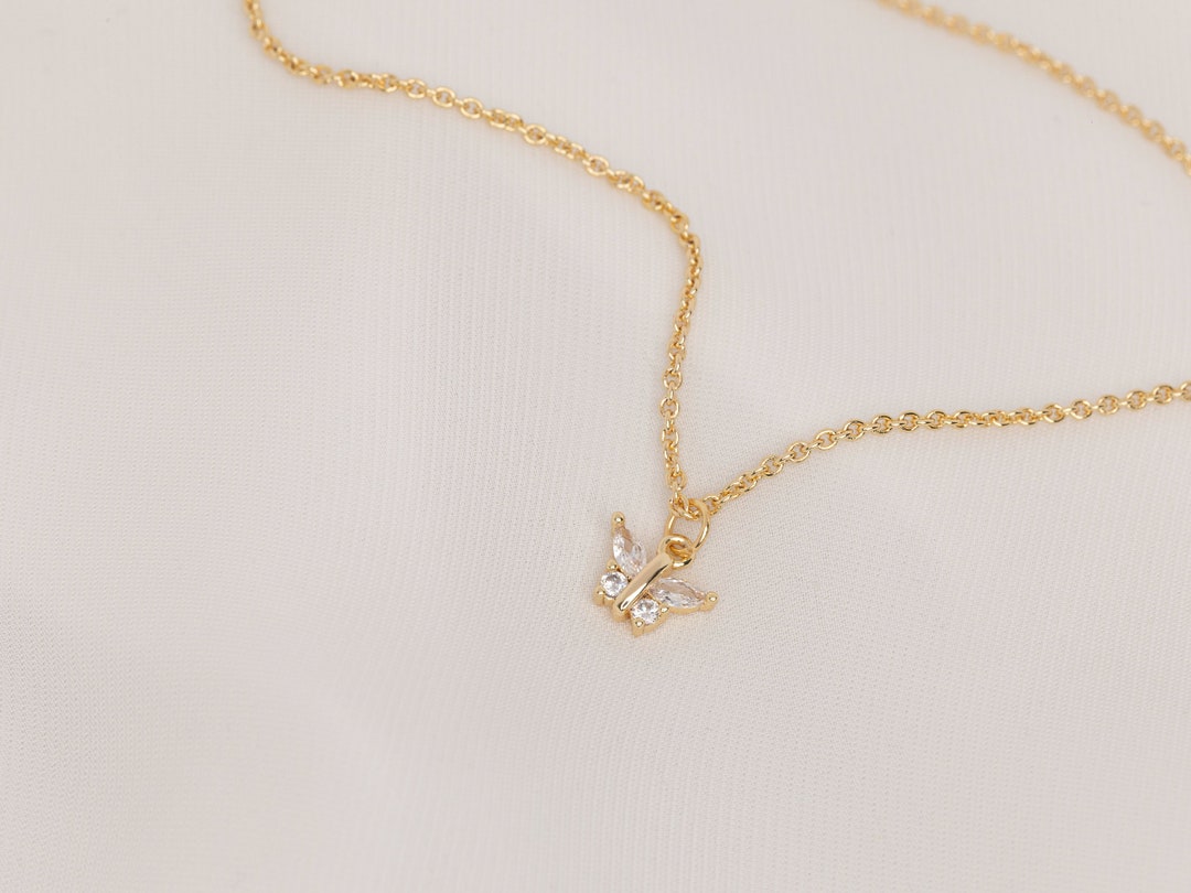 Tiny Gold Butterfly Necklace Diamond Pendant Necklace in Gold Small and ...