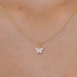 Tiny Gold Butterfly Necklace | Diamond Pendant Necklace In Gold  | Small And Dainty Jewelry | Minimalist Layering Necklace | Perfect To Gift