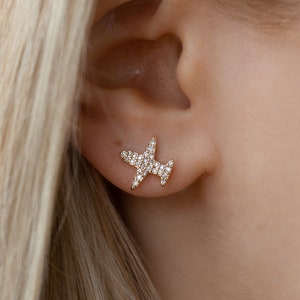 Gold Filled Diamond Airplane Stud Earrings | Dainty Zircon Everyday Studs | Cute Plane Studs | Stacking Earrings